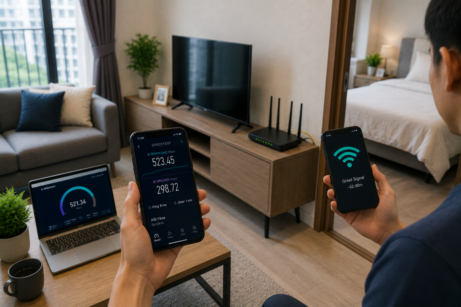 การทดสอบสัญญาณ Wi-Fi หลังติดตั้งอินเทอร์เน็ตคอนโดในไทย