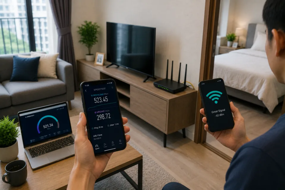 Testing the Wi-Fi signal after condo internet installation in Thailand