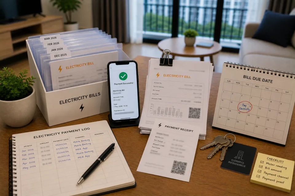 Keeping electricity bills, transfer slips, and proof of condo electricity payments in Thailand