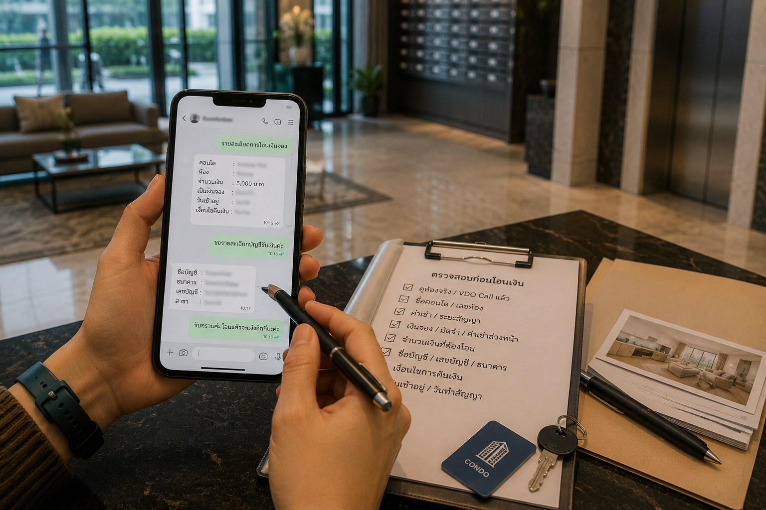 Checking the recipient-account name and booking-payment terms before transferring a condo deposit