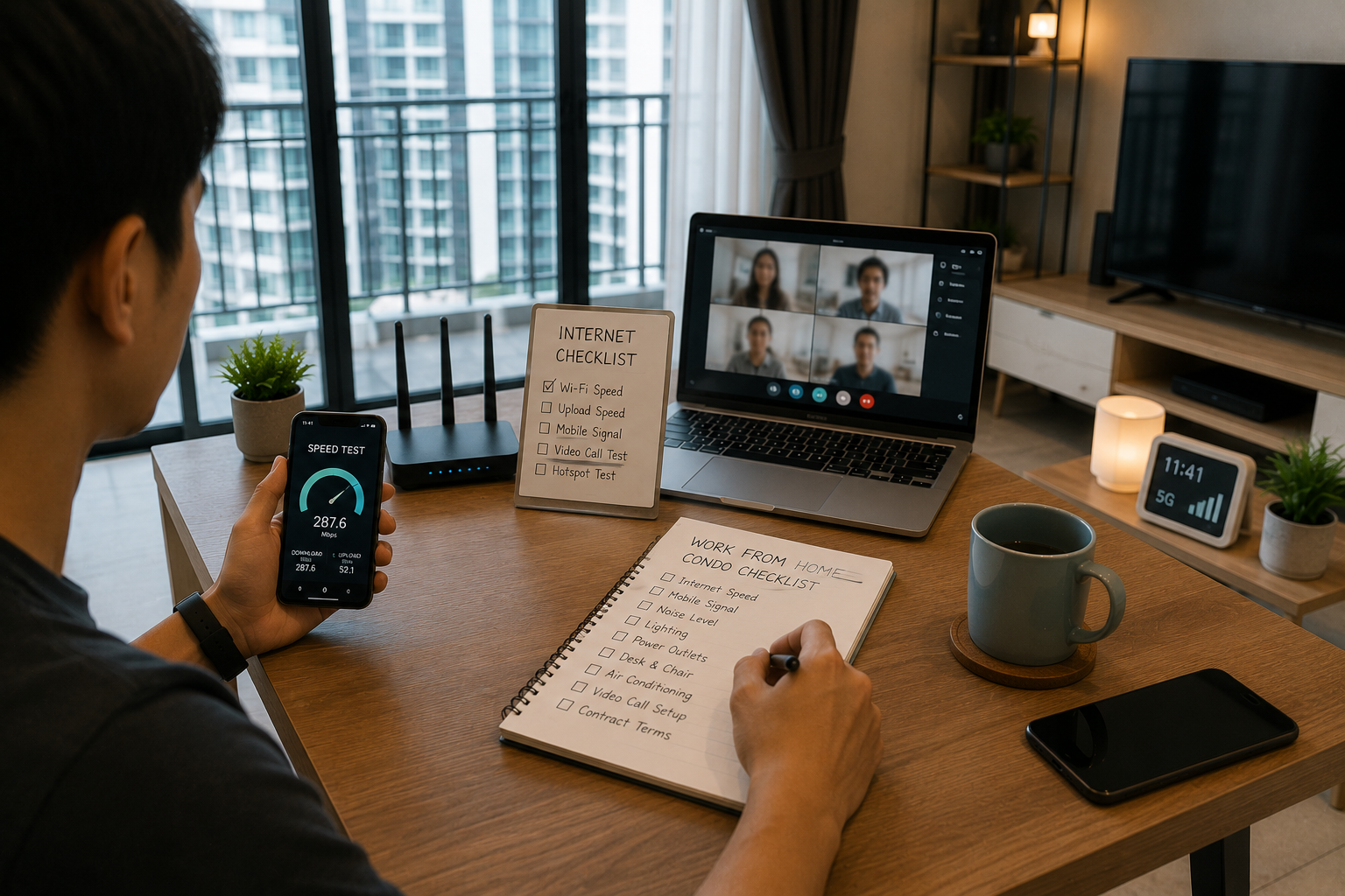 Testing internet service and mobile signal in a condo before renting