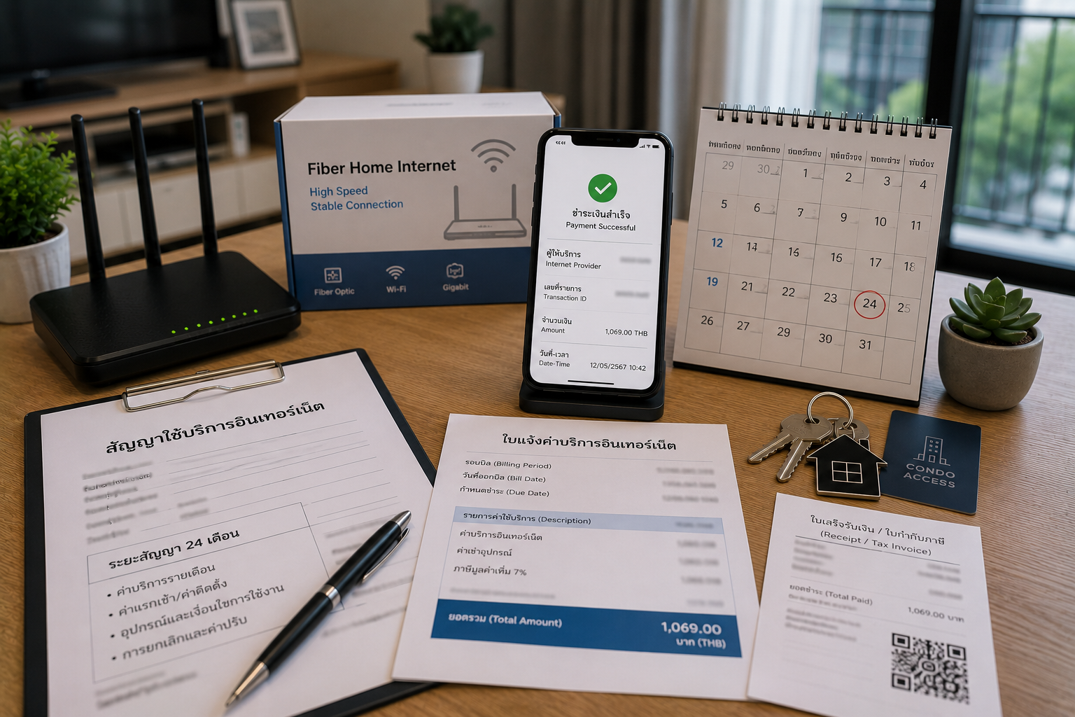 Keeping the internet contract, first bill, and payment proof for a condominium in Thailand